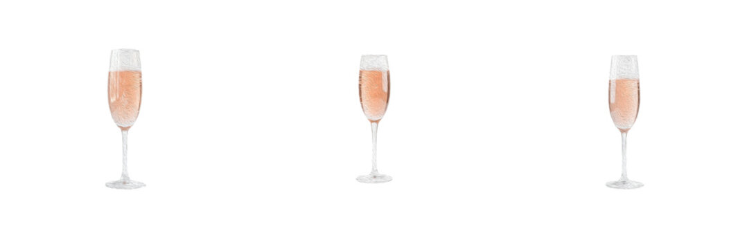 Set elegant champagne flutes filled with sparkling ros&eacute; wine, celebratory glassware, festive toast drinks, elegant barware, luxury beverage photography