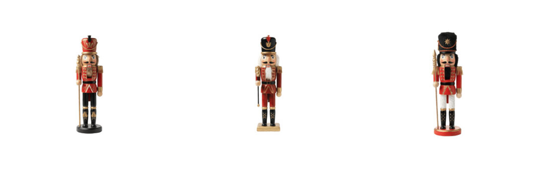 Set traditional wooden nutcracker soldiers, Christmas holiday figurines, festive decorative guards, holiday home ornaments, wooden toy soldiers in red uniforms