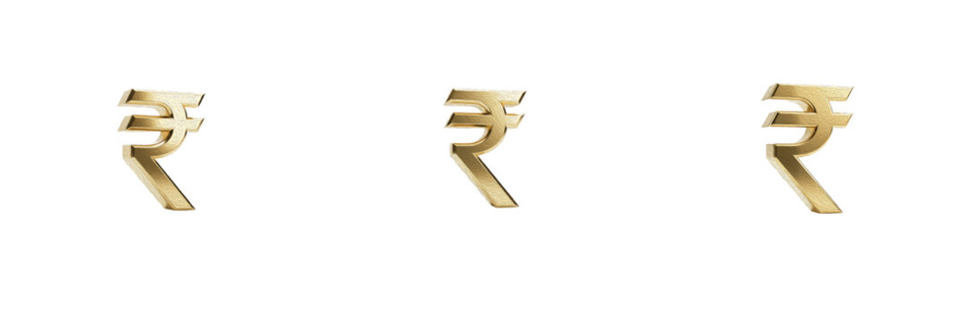 Set shiny gold Indian Rupee currency symbols, metallic INR monetary signs, glossy currency icons, financial design elements, wealth and banking graphics