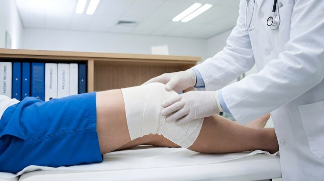 Professional doctor examining and dressing an injured knee with a medical bandage in a clinic