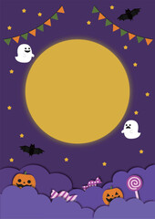 Naklejka premium 満月やオバケが漂う幻想的でかわいいハロウィンの夜空背景フレーム