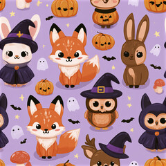 Naklejka premium Cute Halloween pattern with fox, owl, bunny, pumpkin, ghost, and bat in kawaii enchanted forest style