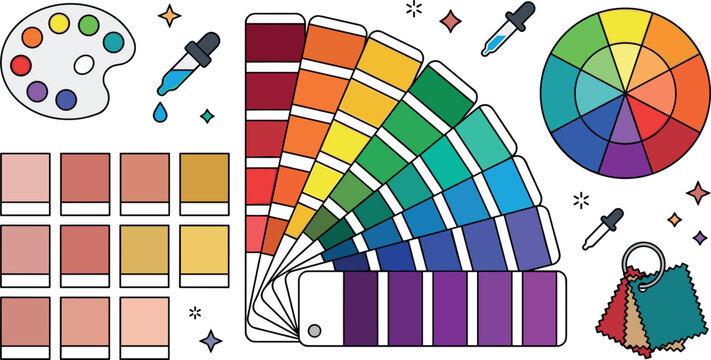 Graphic Design Color Palette Set Featuring Panton Swatches Guide Wheel Spectrum Picker Eyedropper and Artist Paint Palette Tools for Creative Studios Vectors