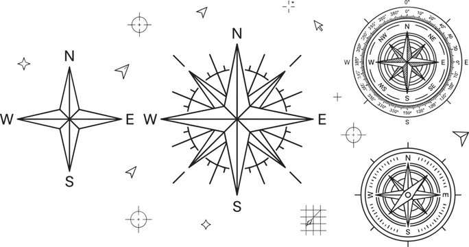 Vintage Compass Rose and Nautical Navigation Line Icon Set Featuring Wind Rose Map Cardinal Direction Markers and Adventure Exploration Travel Symbols