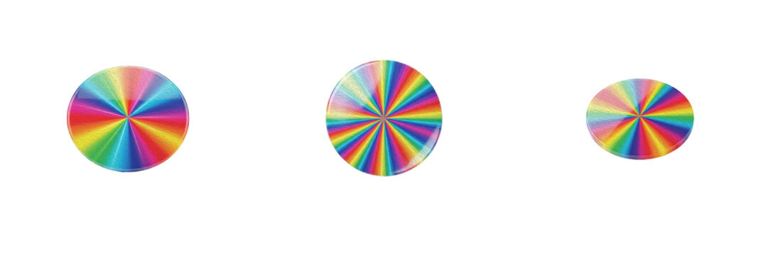 Set vibrant rainbow color wheel buttons, chromatic gradient circles, optical spectrum disks, colorful radial sunburst patterns, graphic design color palettes
