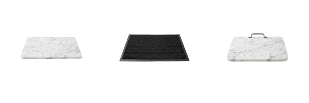Set marble and dark stone cutting boards, rectangular kitchen platters, serving boards with handles, culinary prep tools, minimalist kitchenware, gourmet presentation surfaces