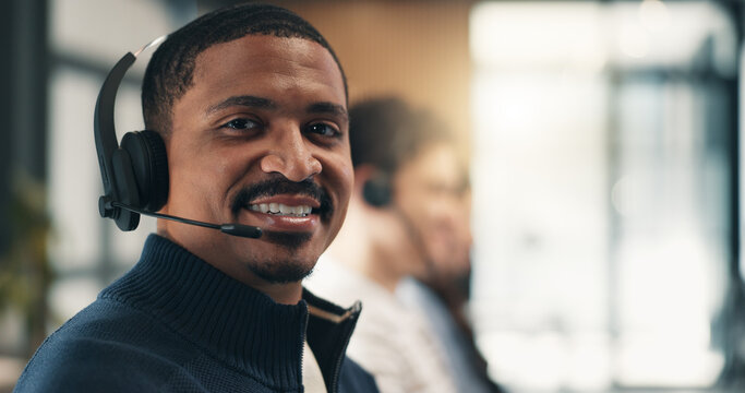 Call center, portrait and happy man with headset, consultation or discussion with contact in office. Telemarketing, agent and person with mic, coworking and lead generation with tech in business
