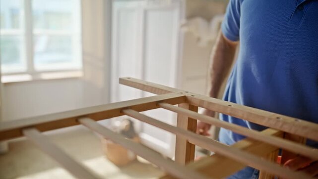 Man assembling wooden crib nursery. Pregnant wife helping place mattress home.