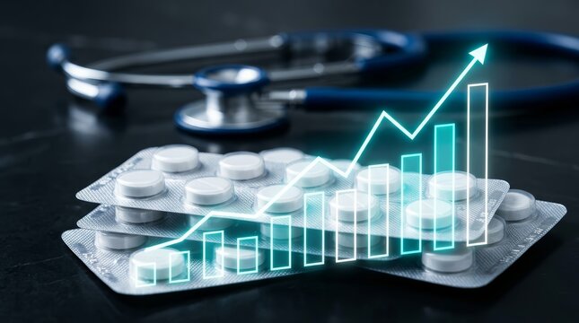 Corporate healthcare market investment analysis featuring pill blister packs and a rising financial graph.