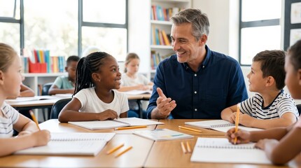 Fototapeta premium A smiling male teacher assisting diverse elementary students during a primary school writing lesson in a modern classroom.