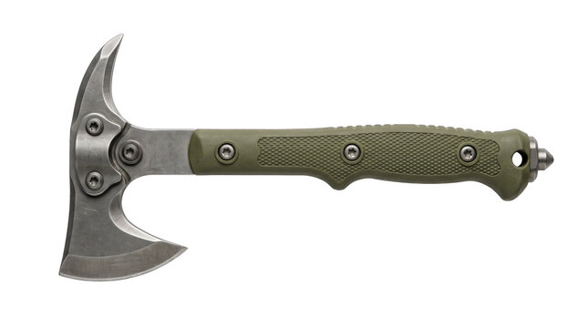 Tactical Survival Axe with Green Handle Grip, PNG isolated on a transparent background