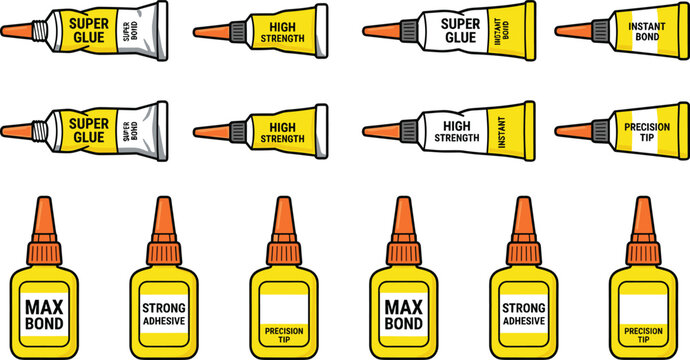 Super Glue and Strong Liquid Adhesive Tube and Bottle Vector Icon Set Featuring Linear Colored Illustrations for Industrial Repair Crafts Office and Home Bonding Projects