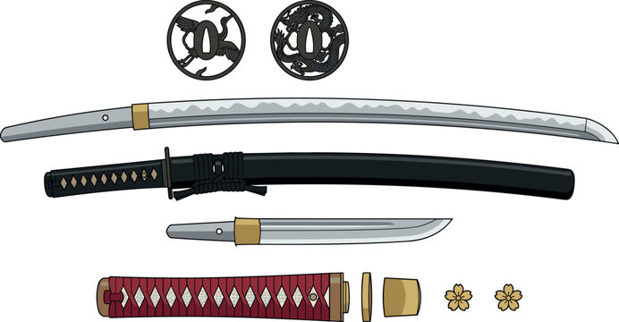 Japanese Samurai Katana Sword Vector Illustration Set Featuring Sharp Blade Saya Scabbard Wakizashi Tanto Knife Tsuka Handle and Ornamental Tsuba Handguards