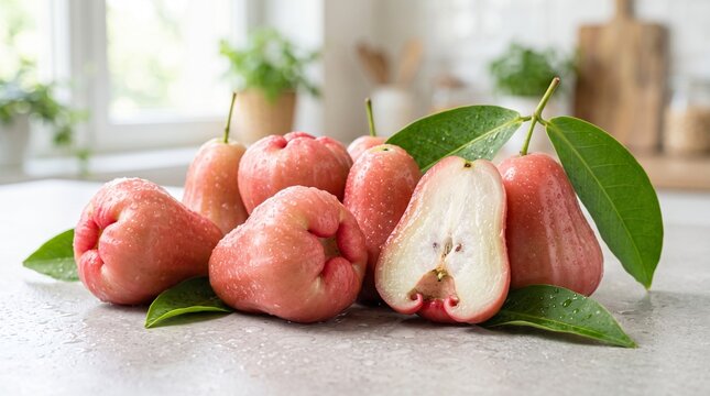 Fresh Pink Rose Apples with Water Droplets and Green Leaves on White Table