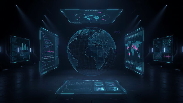 Futuristic digital interface showing global data analytics with holographic screens and earth globe