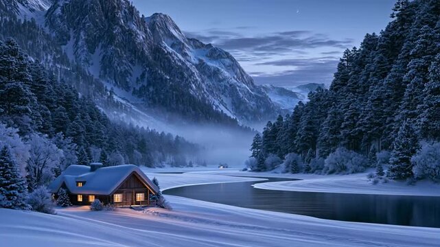 Snowy mountain lake with a cozy cabin in winter