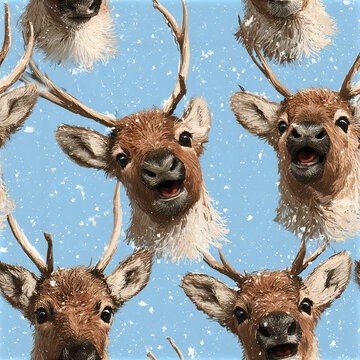 Kooky winter wildlife seamless pattern with expressive reindeer faces and snowflakes on blue background