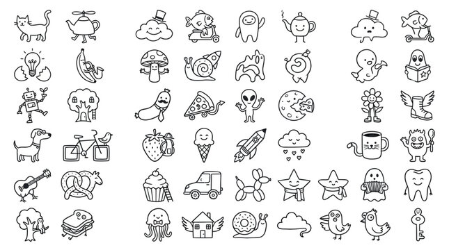 A collection of 60 hand-drawn, black and white cartoon icons featuring a variety of whimsical objects, creatures, and symbols.