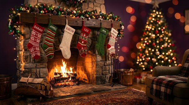 A cozy christmas scene featuring a decorated fireplace stockings and a beautifully lit christmas tree