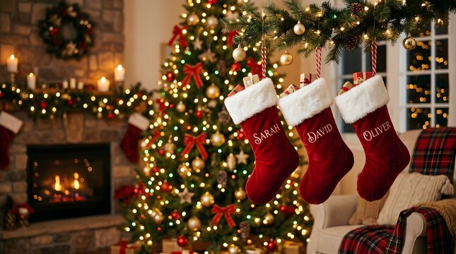 A beautifully decorated christmas tree with stockings a warm fireplace and festive holiday decorations