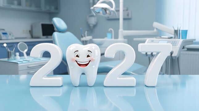 A happy tooth celebrates the new year 2027 in a modern dental office setting