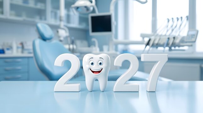 A happy tooth celebrates the new year 2027 in a modern dental office setting