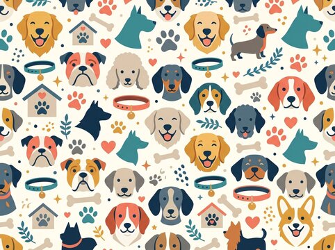 Cute dogs seamless pattern background featuring various breeds faces paws and collars illustration seamless illustration background retriever