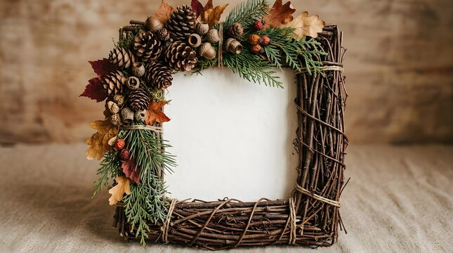 A beautifully crafted rustic woven frame adorned with autumn foliage and decorative elements perfect for showcasing cherished memories