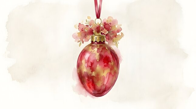 A beautifully crafted shimmering red and gold christmas ornament adorned with delicate floral accents