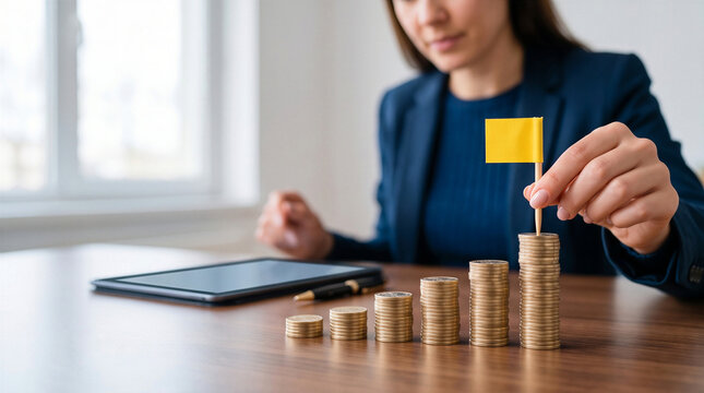 Businesswoman placing yellow flag on rising coin stacks at desk. Financial success and investment growth