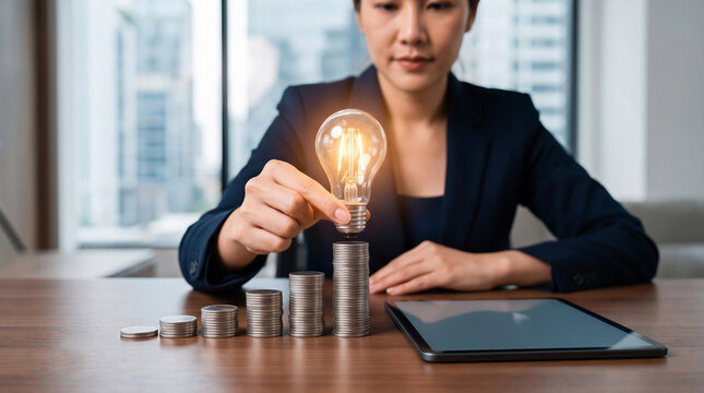 Businesswoman placing a glowing lightbulb on coin stacks. Financial growth, innovative idea, and investment success concept