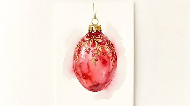 A beautifully detailed shimmering red christmas ornament hangs delicately evoking festive holiday cheer and winter wonder