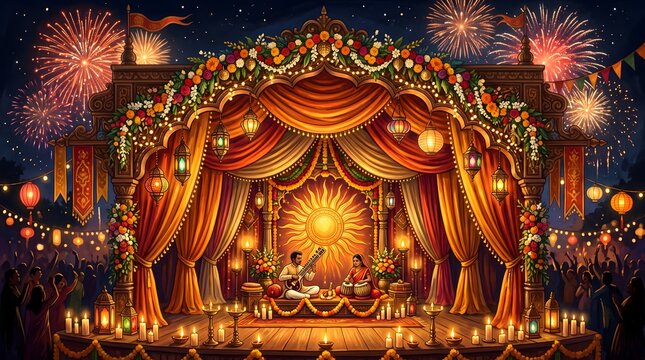 Diwali celebration with fireworks and traditional stage performance digital illustration