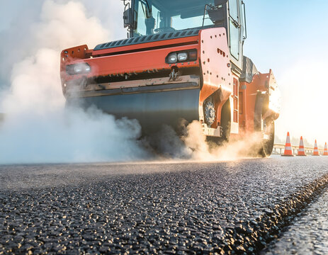 Heavy orange asphalt roller compacting hot black tar road surface, creating steam and dust, construction site, industrial machinery, road building, infrastructure development, urban planning