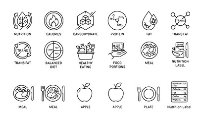 Fototapeta premium Modern food and nutrition outline icon set for calories diet and healthy eating