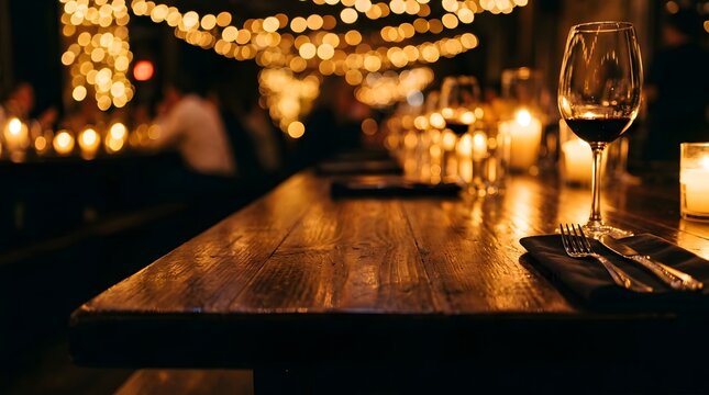 A dimly lit bar scene featuring a polished wooden counter and blurred background ambiance