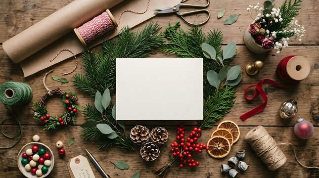 A festive christmas flat lay featuring a blank card surrounded by traditional holiday decorations and wrapping materials
