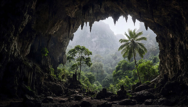 View from inside a dark limestone cave looking out towards lush tropical jungle