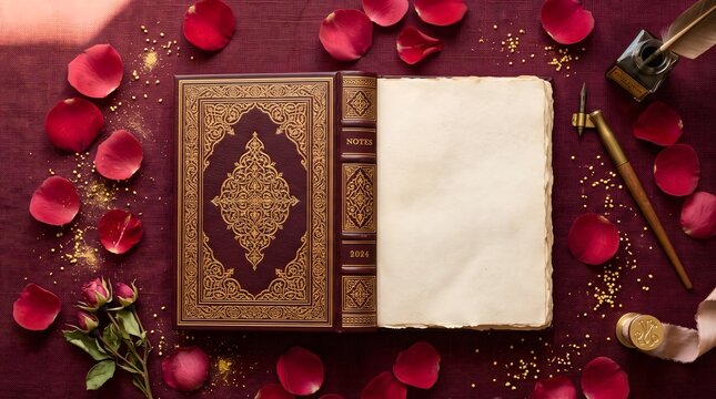 Open diary with red rose petals and golden accents diwali festive still life