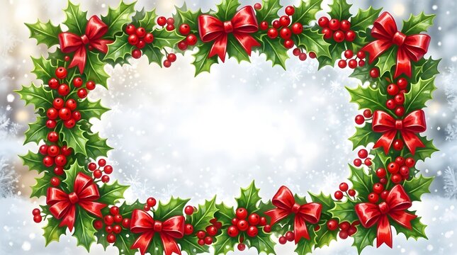 A beautiful christmas wreath adorned with vibrant red berries and lush green pine needles creating a festive border