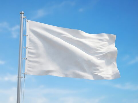 White blank flag waving on tall metal pole against clear blue sky for branding or protest