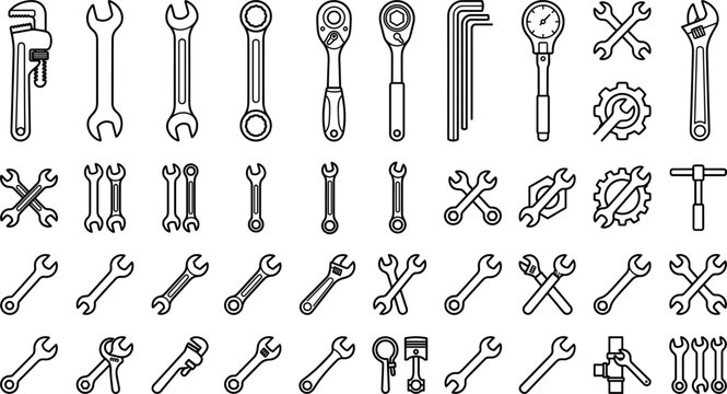 Comprehensive mechanical hand tools line icon set featuring torque wrench socket ratchet adjustable spanners pipe wrench allen keys gear setup and industrial workshop elements. (23 words)