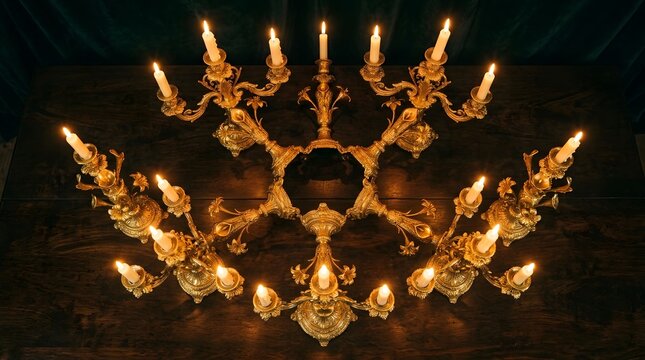 An ornate golden chandelier illuminated with many flickering candles creating a warm and inviting atmosphere