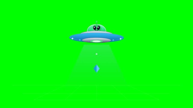 Cute Cartoon Alien UFO Flying on Green Screen Background.