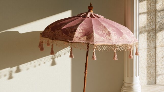 Elegant vintage parasol with intricate lace detailing casting shadows in a sunlit room, creating a nostalgic and serene atmosphere for interior design use