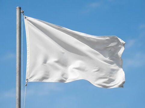 White surrender flag waving in wind against clear blue sky as symbol of peace or truce