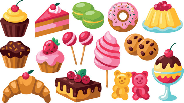 Sweet desserts vector illustration set featuring cupcakes cake slices macarons donuts ice cream and candy elements isolated on white background