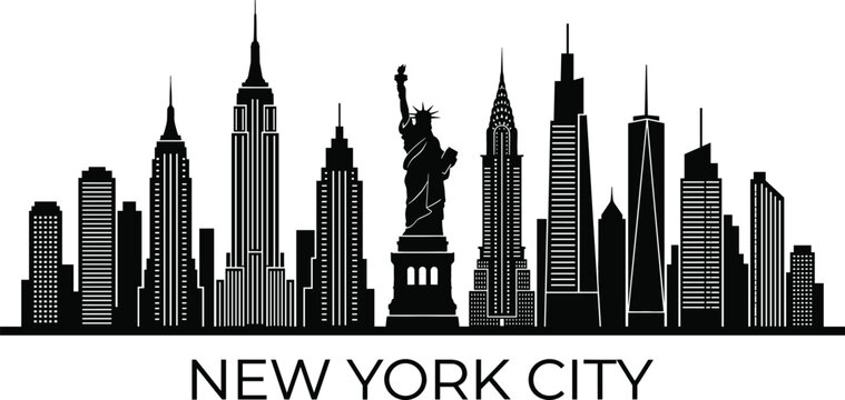 New York City Skyline Silhouette Vector Illustration Featuring Statue of Liberty and Famous Skyscrapers for Travel Graphic Poster Designs