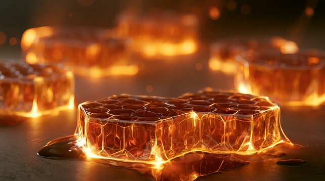 Glowing Honeycomb Structure with Golden Honey Dripping on a Surface, Beautiful Texture and Warm Colors, Perfect for Organic and Natural Imagery