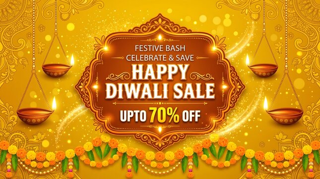 Happy Diwali sale banner with ornate frame and traditional lamps golden vector illustration
